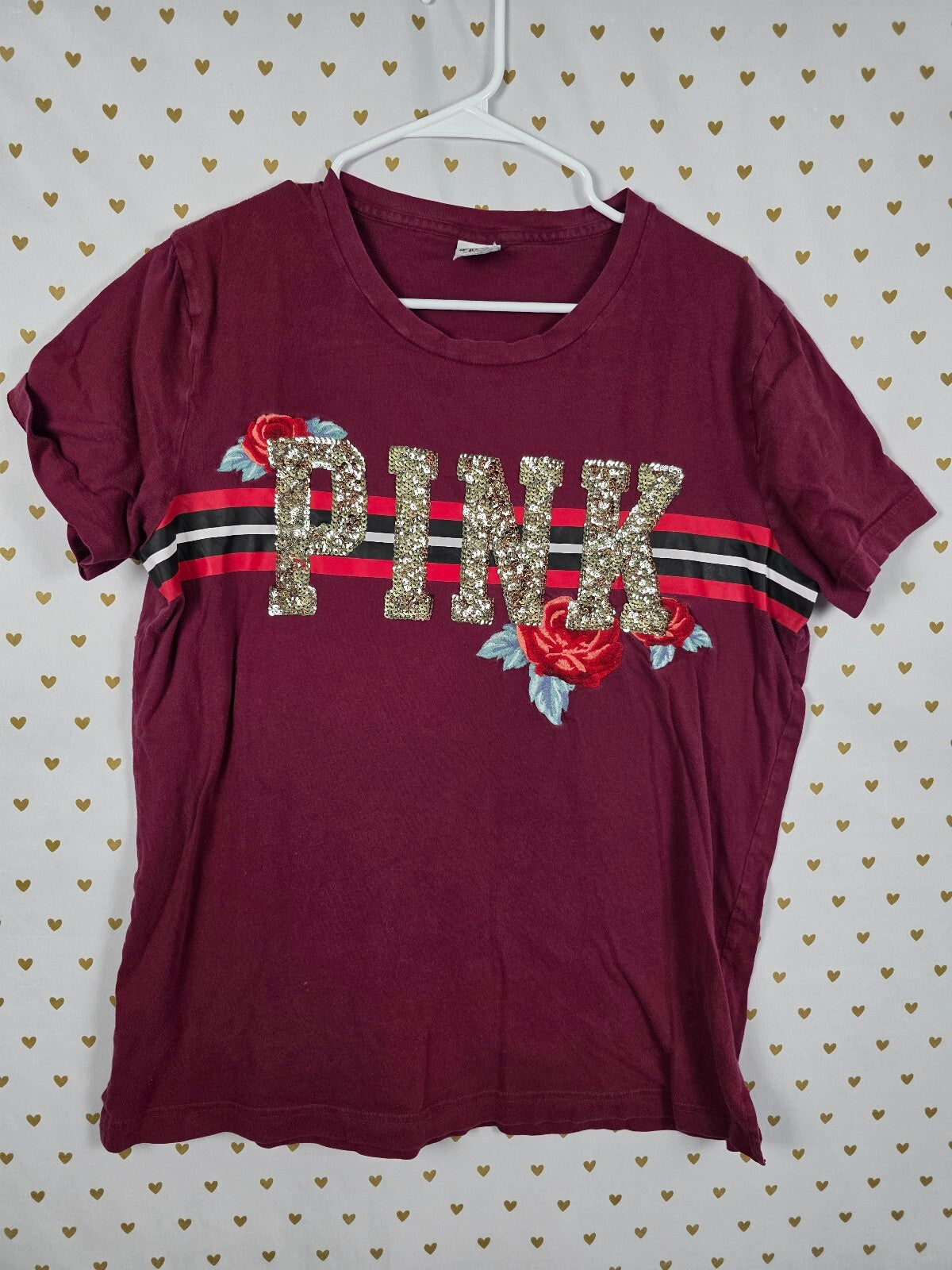 Victorias Secret PINK Maroon Rose BLING Sequined Tee shirt Logo Medium