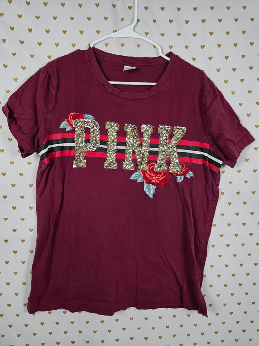 Victorias Secret PINK Maroon Rose BLING Sequined Tee shirt Logo Medium
