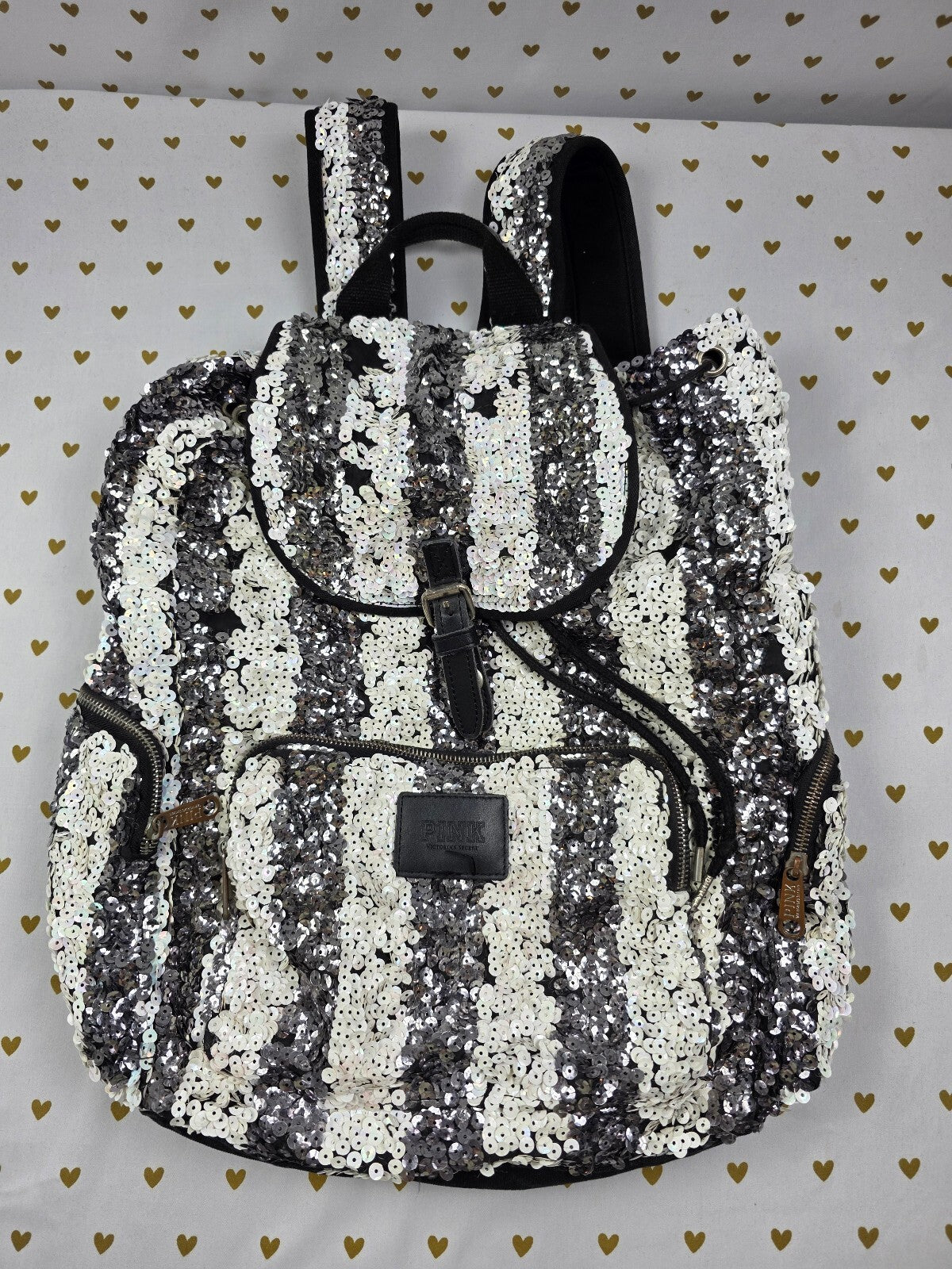 Victoria's Secret PINK BLING Sequin Zebra Stripe Backpack Silver White Black