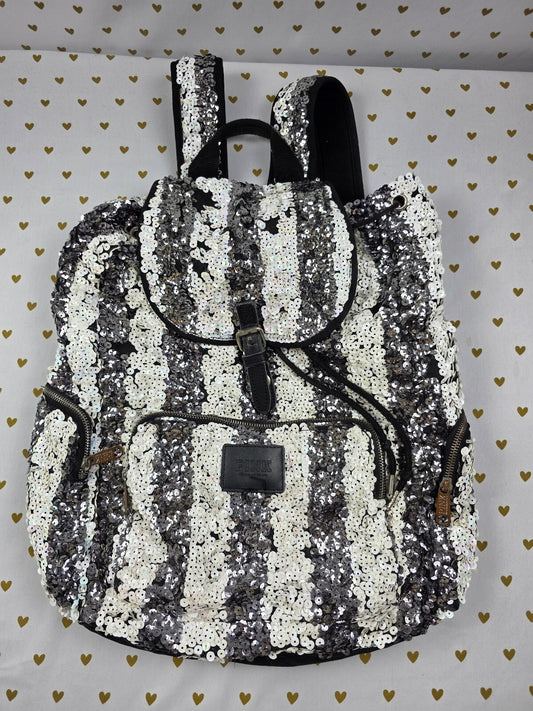 Victoria's Secret PINK BLING Sequin Zebra Stripe Backpack Silver White Black