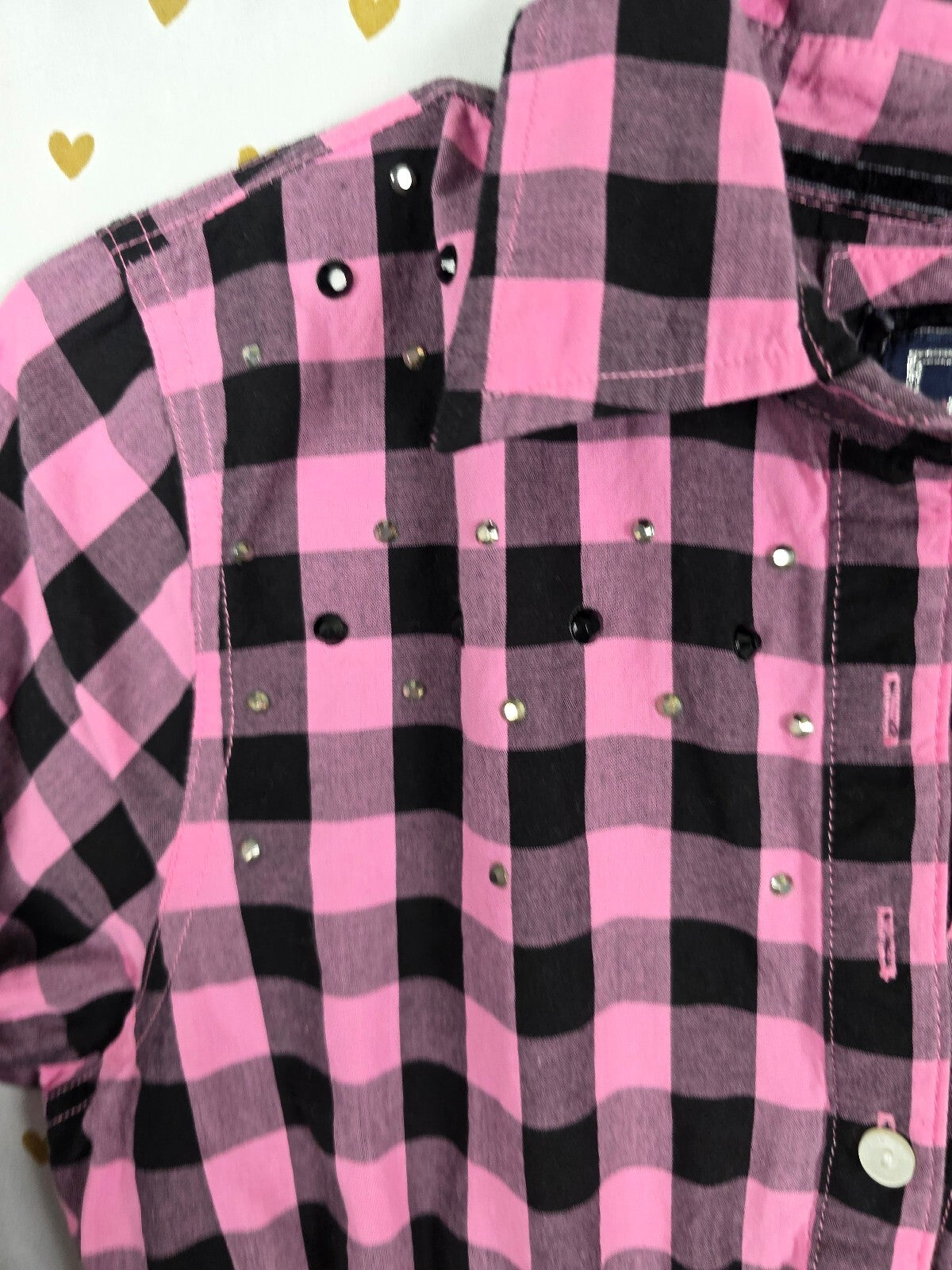 Victoria's Secret PINK Plaid Ruffle Shirt Dress S/P Pink Black BLING Rhinestone