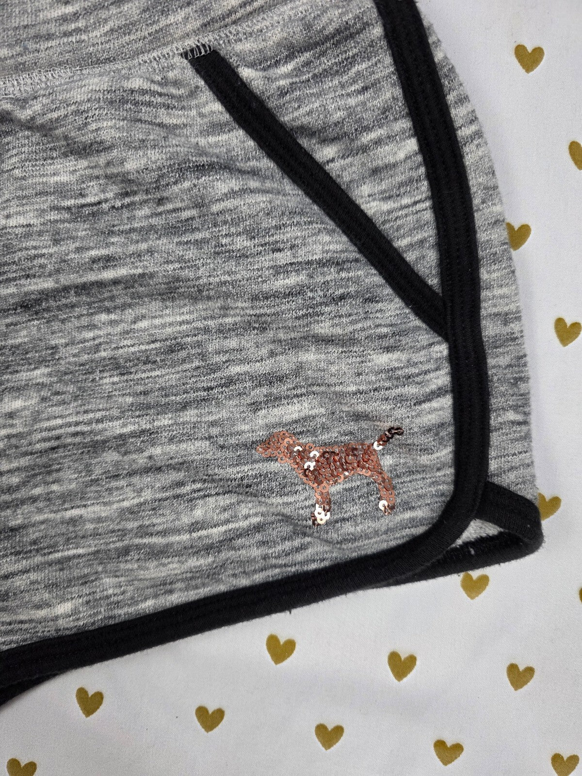 Victorias Secret PINK Grey GOLD BLING SEQUIN Sweat Shorts Dog SMALL