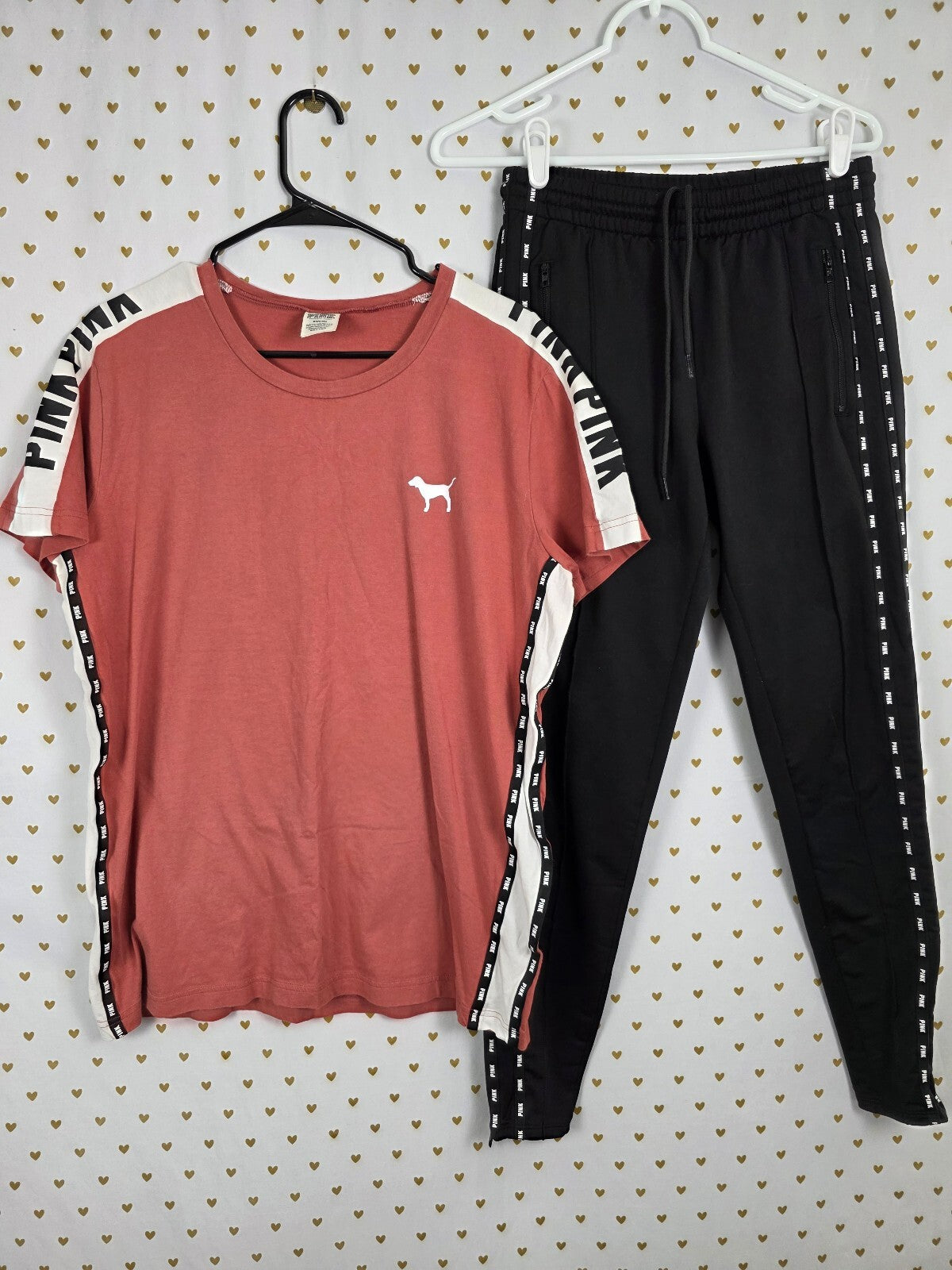 Victorias Secret PINK Logo Stripe SET 2pc Outfit Tee shirt Track Pants SM MED