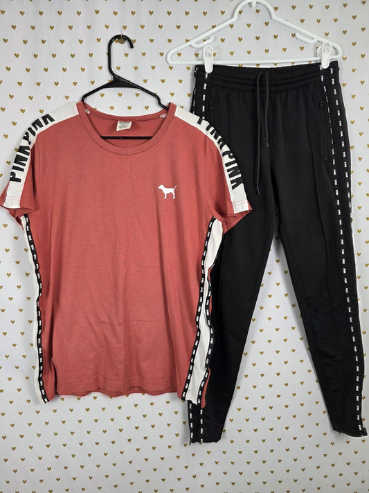 Victorias Secret PINK Logo Stripe SET 2pc Outfit Tee shirt Track Pants SM MED