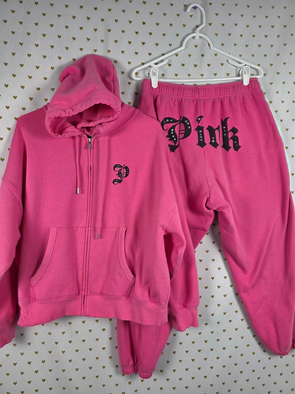 Victoria's Secret PINK Old English BLING Hoodie Sweatpants Gothic Halloween M L