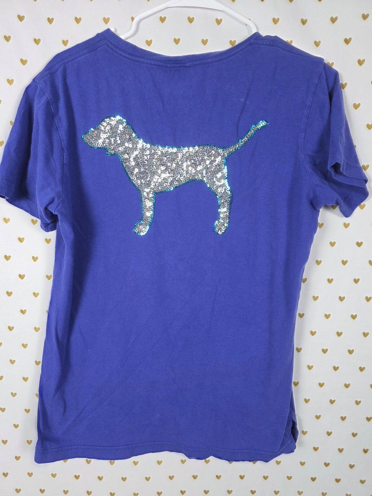 Victorias Secret PINK Blue SILVER BLING Dog Logo Tee shirt XS Oversized