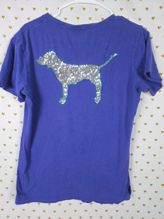 Victorias Secret PINK Blue SILVER BLING Dog Logo Tee shirt XS Oversized