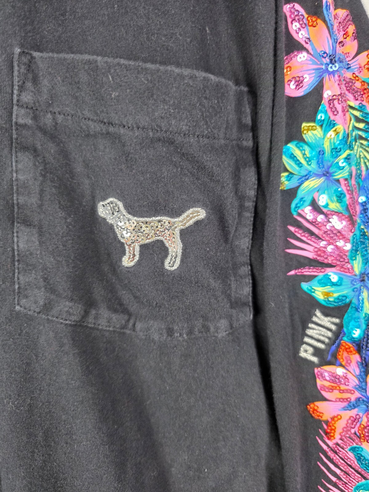 Victorias Secret PINK Hibiscus BLING Long Sleeve Pocket Tee MEDIUM Embroidered