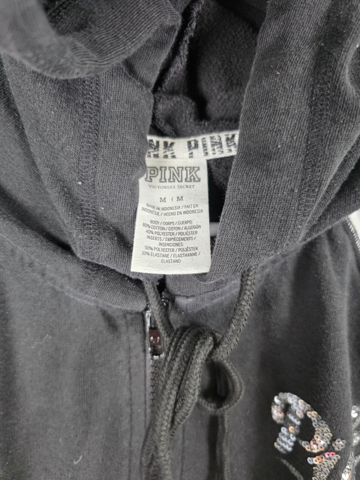 Victorias Secret Pink BLING Silver Sequin Full Zip Hoodie Jacket Logo MEDIUM