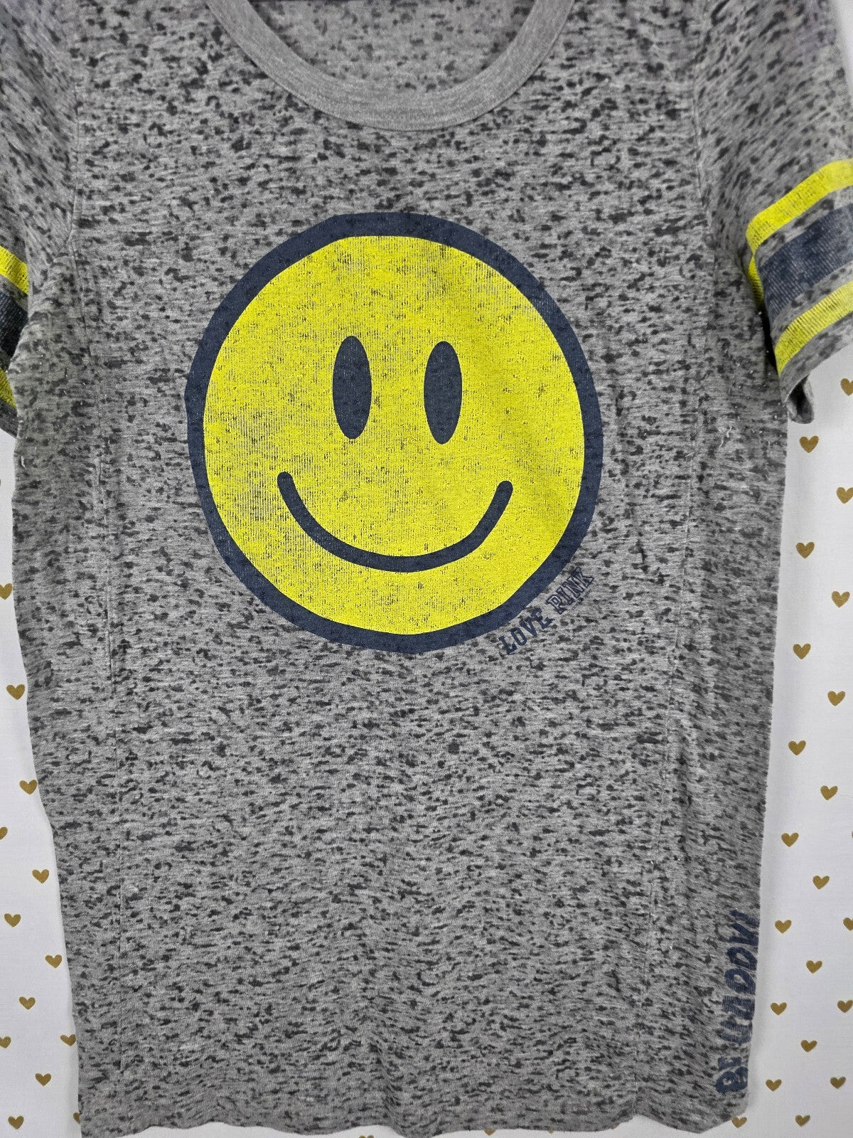 Victoria's Secret PINK Love Pink Smiley Face Burnout T Shirt Gray Yellow L