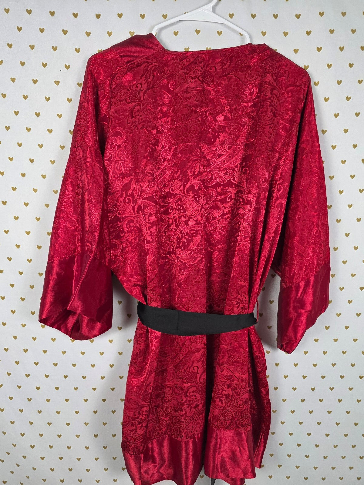 Vintage Victoria's Secret Red Jacquard Satin Kimono Robe Black Sash OS