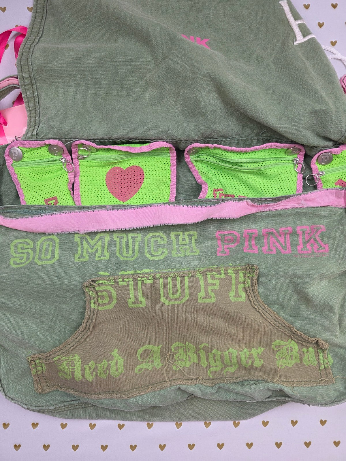 Vintage Victoria's Secret PINK Royalty Messenger Bag Green Organizer Pouches HTF