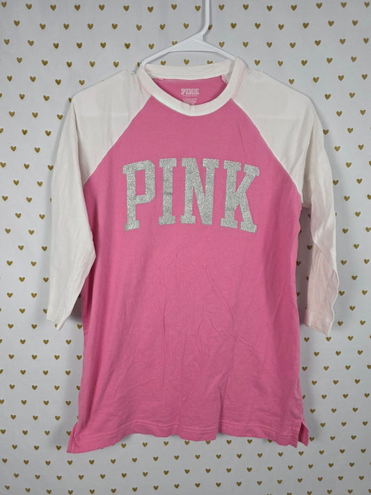 Victorias Secret PINK Raglan Bling Glitter Logo Tee shirt XS
