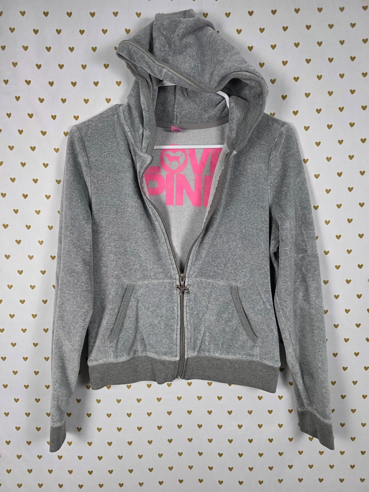 PINK Victoria's Secret Velour Zip Hoodie Gray Dog Zipper Logo Jacket Medium