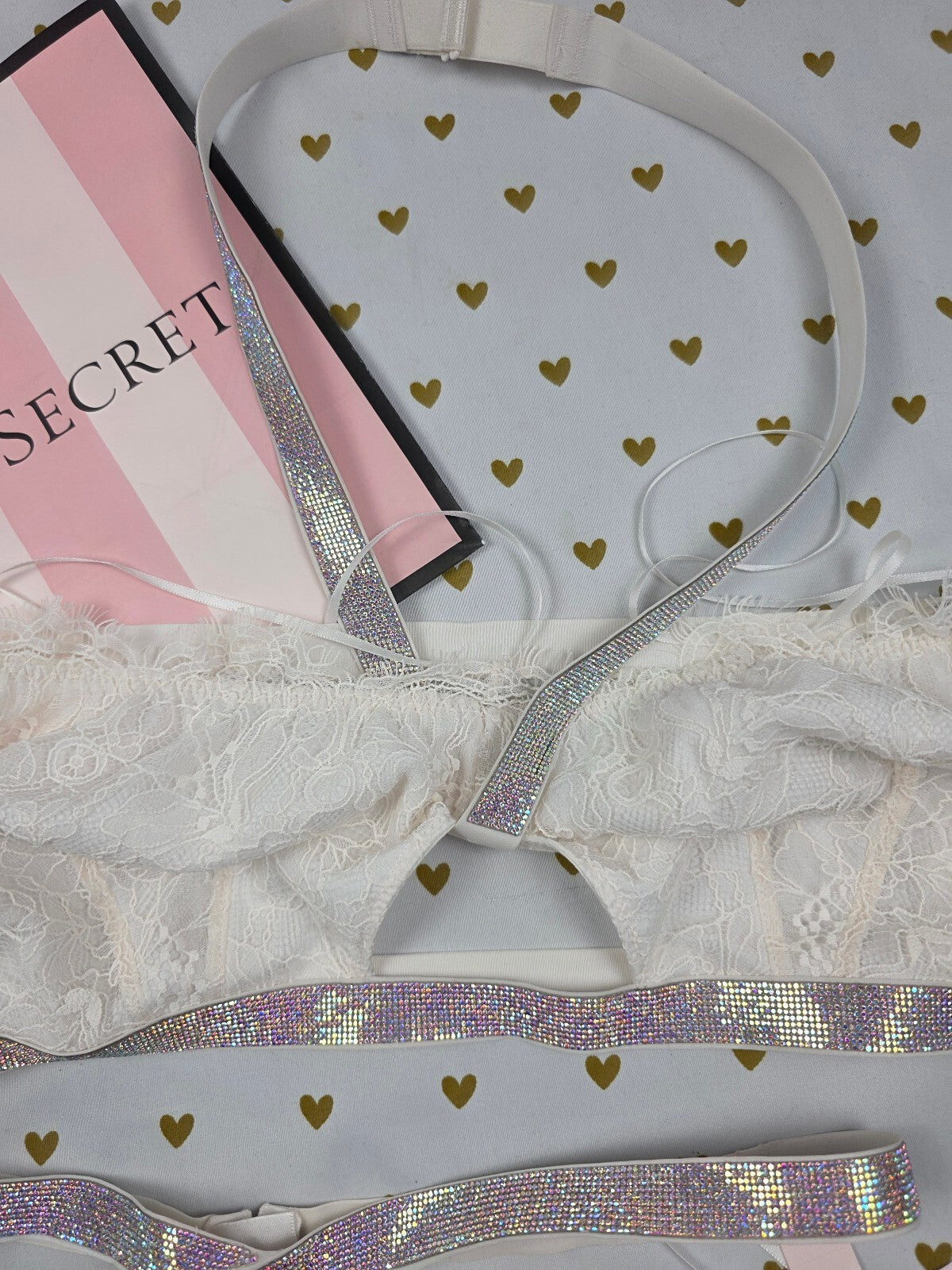 Victoria's Secret Shine Strap Lace Bralette Mini Skirt Set L Rhinestone BLING