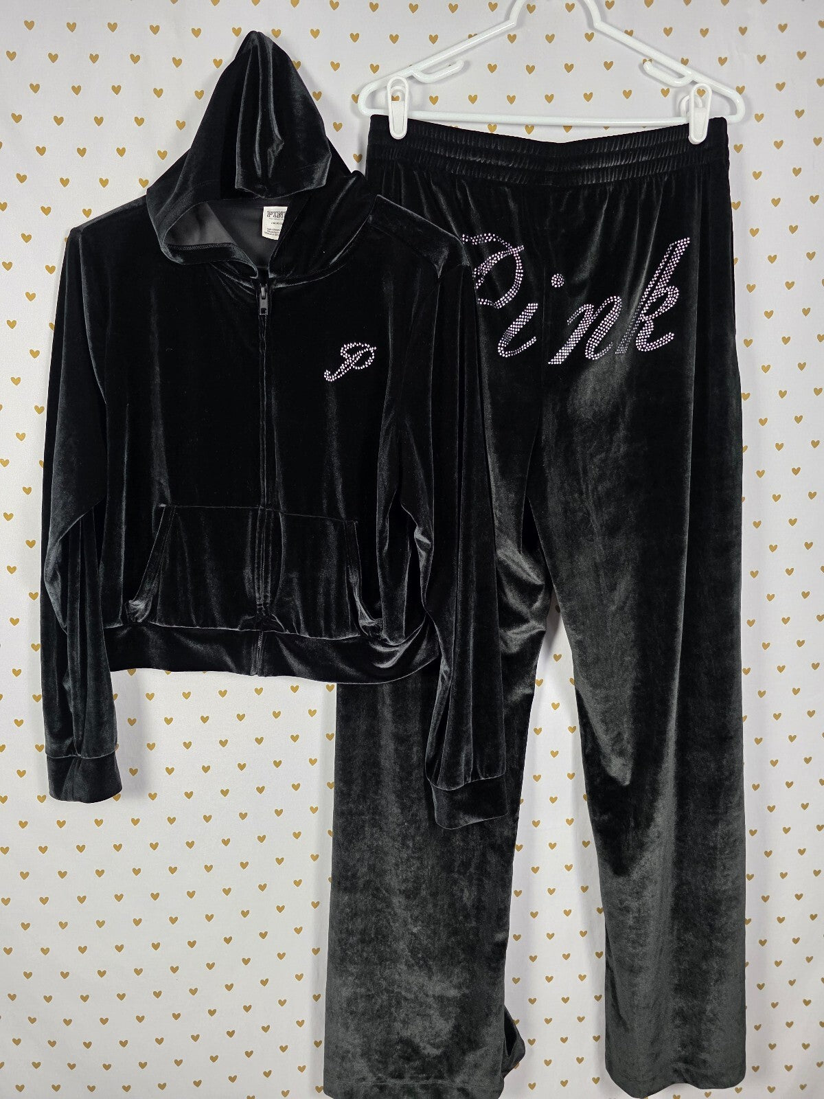 Victorias Secret Pink VELOUR BLING Hoodie Jacket Sweats SET 2pc LARGE