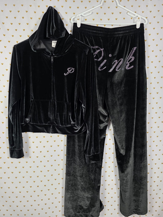 Victorias Secret Pink VELOUR BLING Hoodie Jacket Sweats SET 2pc LARGE