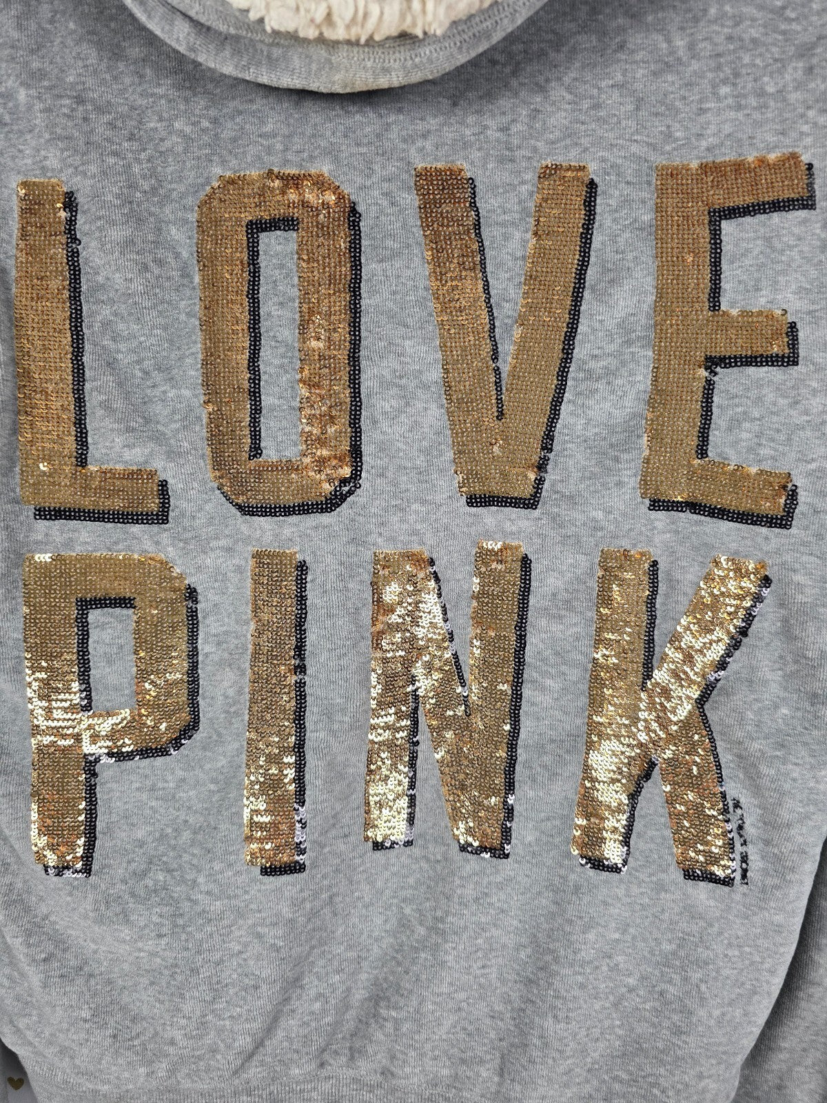 Victorias Secret Pink Vintage Y2k BLING gold Velour Hoodie Jacket FUR LINED Med
