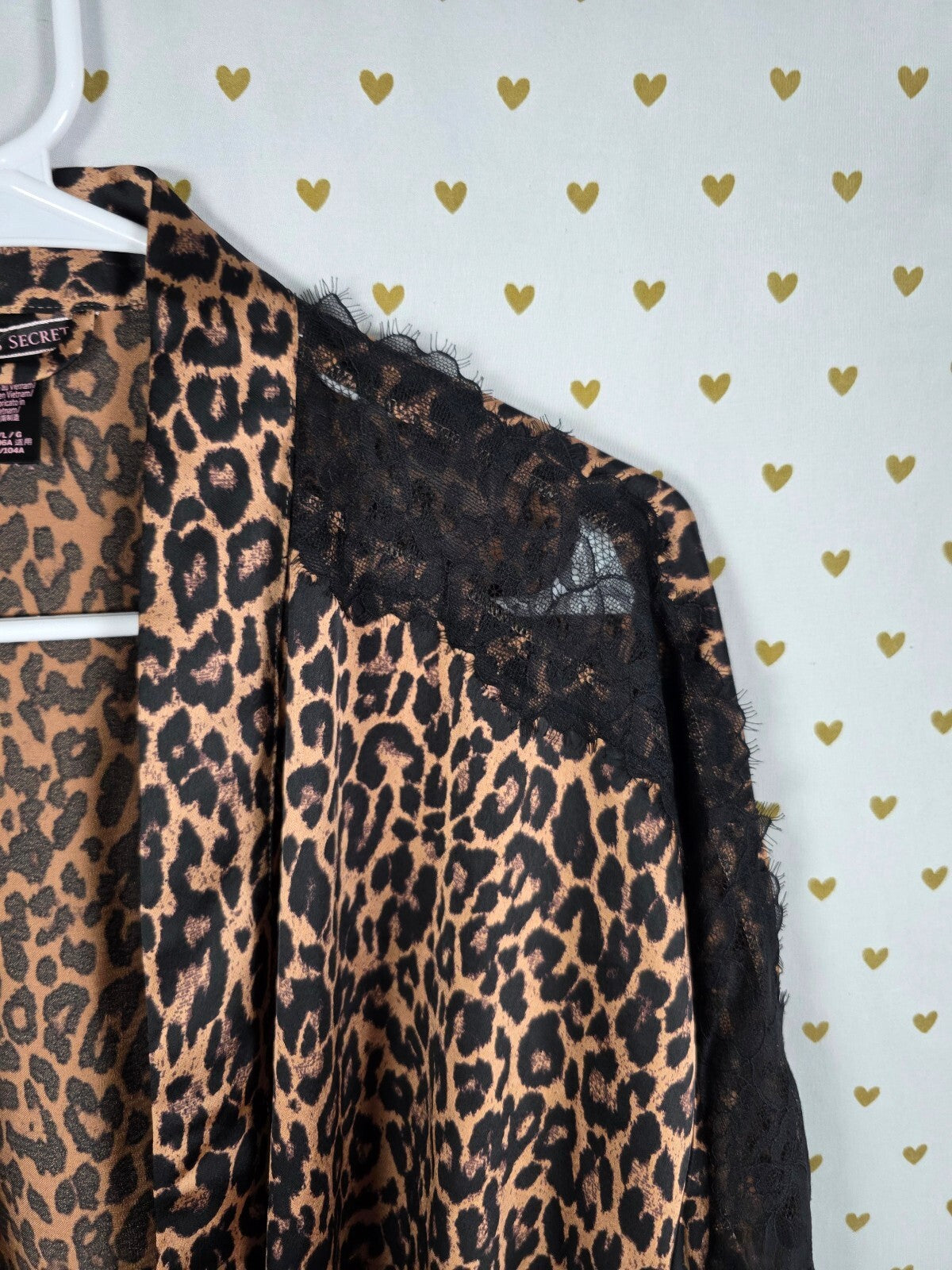 Victoria's Secret Leopard Satin Robe M/L Black Lace Kimono Animal Print