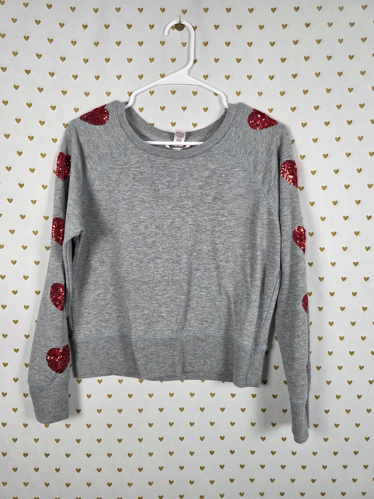 Victorias Secret Bling Red Sequined Hearts long sleeve Sweater Shirt Small