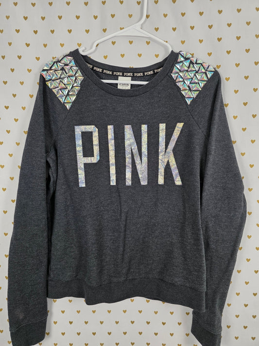 Victorias Secret Pink Bling Geometric Gem Shoulder Crew Sweater Logo Small