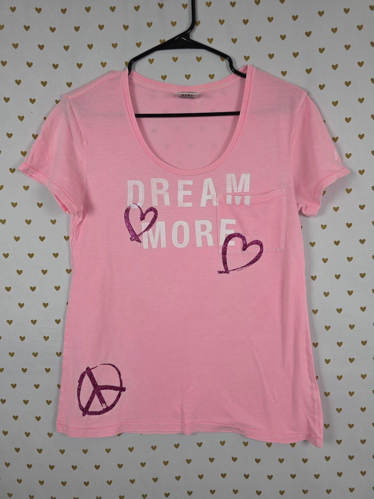 Victorias Secret PINK Vintage Dream Heart More Y2k Tee Shirt Glitter Small