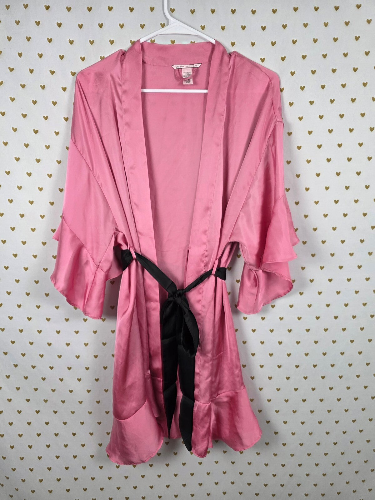 Victorias Secret Satin Silky Robe Pink Ruffle Flutter Lounge XS SMALL