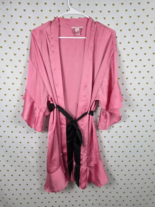 Victorias Secret Satin Silky Robe Pink Ruffle Flutter Lounge XS SMALL