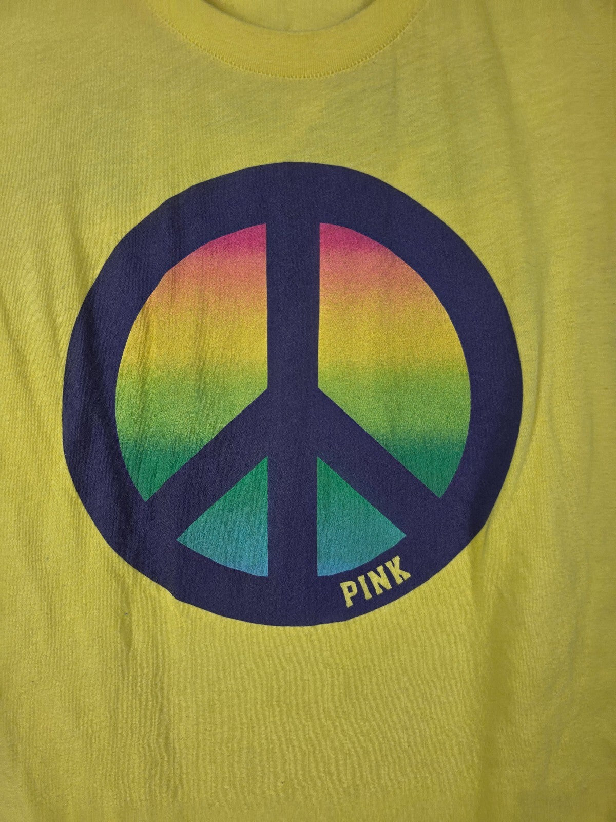 Victorias Secret PINK Vintage yellow Y2k PEACE Rainbow Tee shirt LARGE