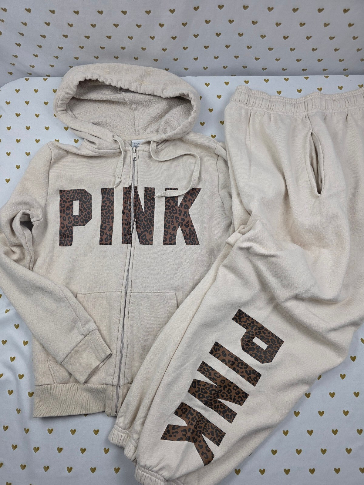 Victorias Secret Pink Leopard Cheetah Full zip Sweats SET Small 2pc Sweatpants