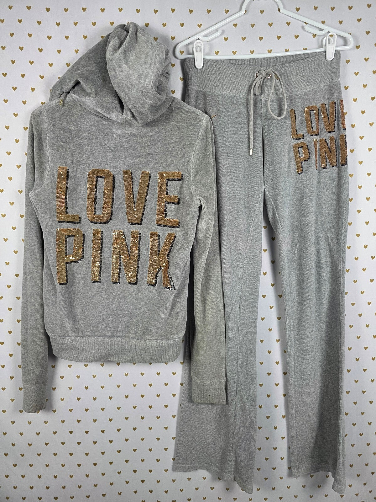 Victorias Secret Pink Fur Lined Bling Vintage Velour SET Hoodie Sweats XS S Grey