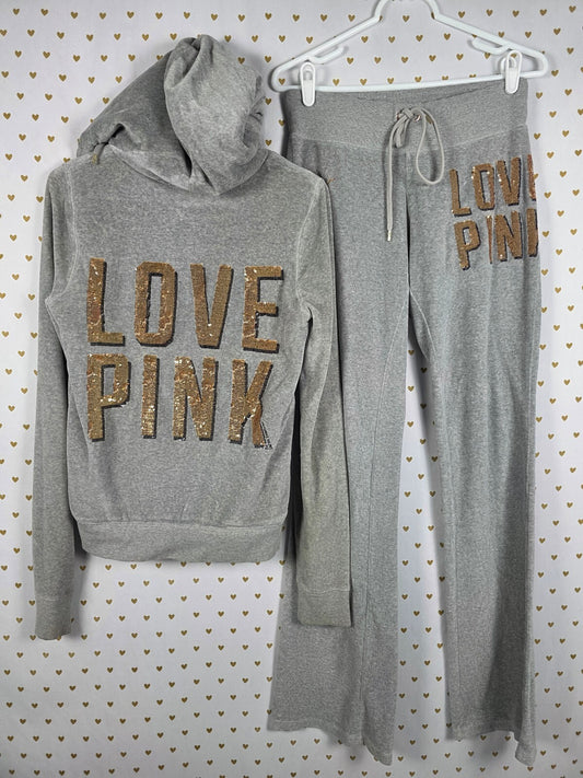Victorias Secret Pink Fur Lined Bling Vintage Velour SET Hoodie Sweats XS S Grey