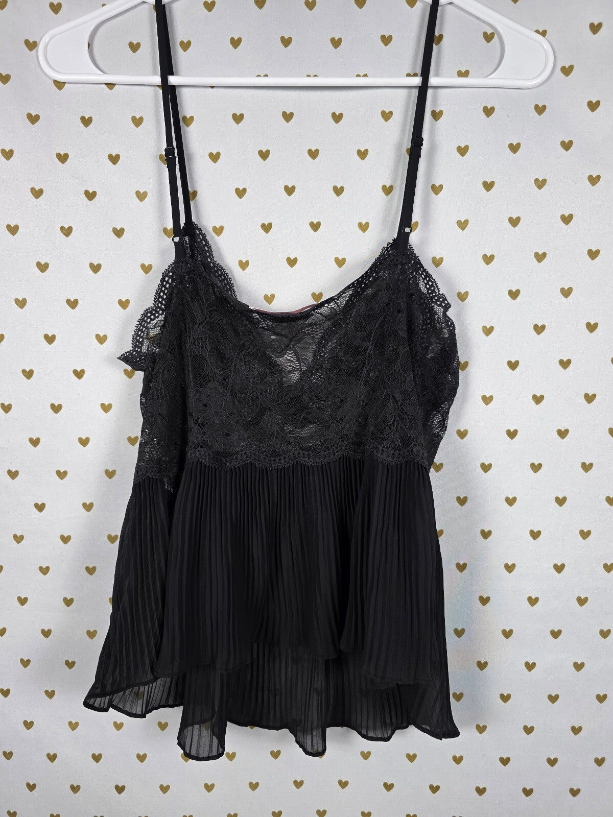 Victorias Secret Black Vintage Sexy Pleated Lace Tank Top Babydoll large