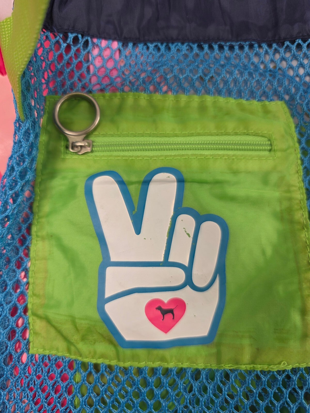 2007 VS PINK University 86 Mesh Laundry Bag Blue Green Dog BLING Vintage