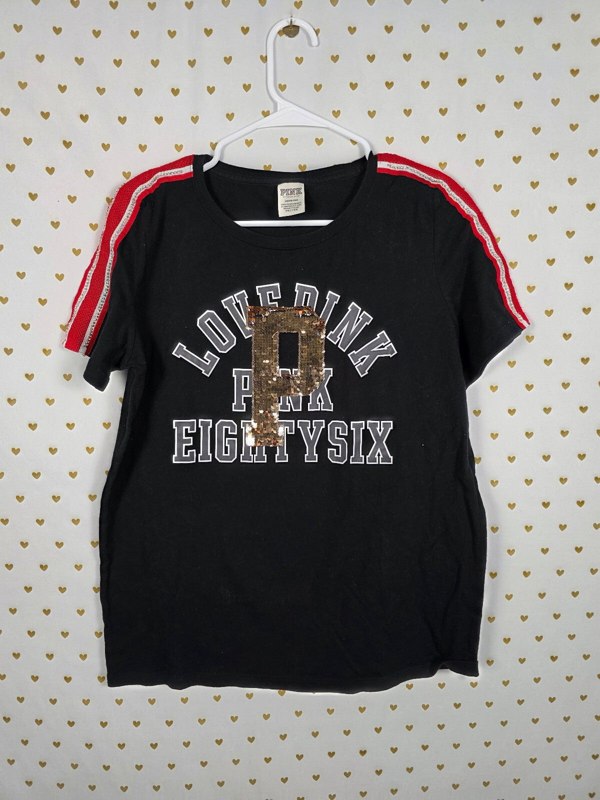 Victorias Secret PINK Bling Logo Gold Sequined tee shirt 86 Large