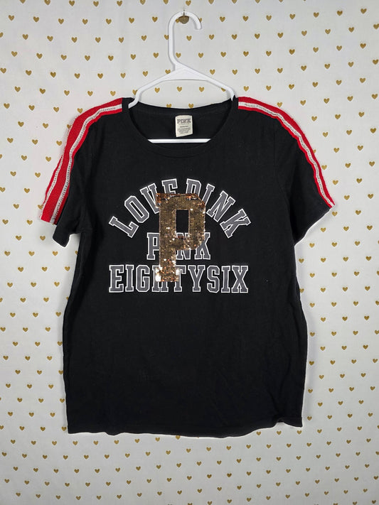 Victorias Secret PINK Bling Logo Gold Sequined tee shirt 86 Large