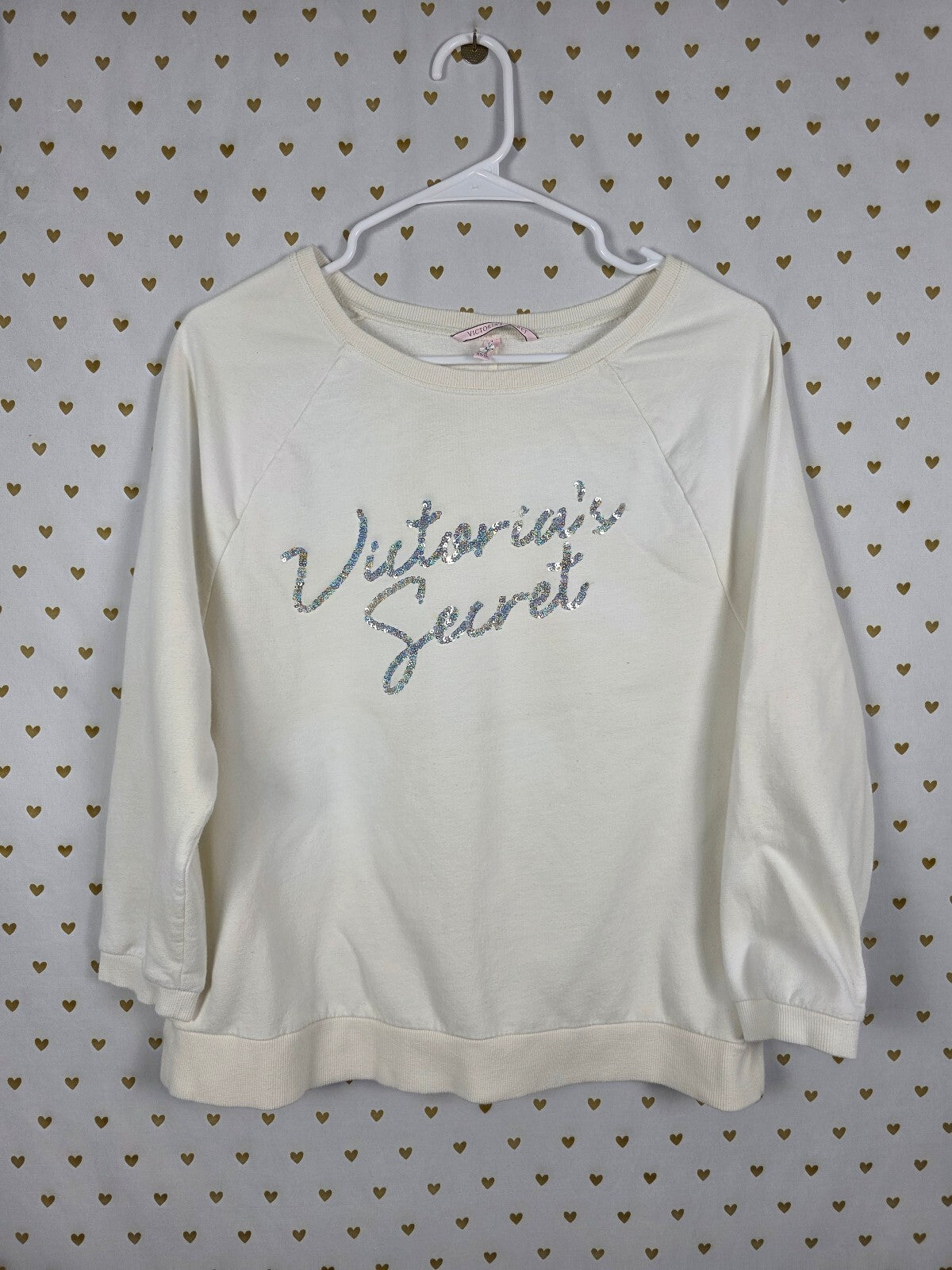 Victorias Secret BLING logo White Crew Sweater Shirt Silver sequined XS