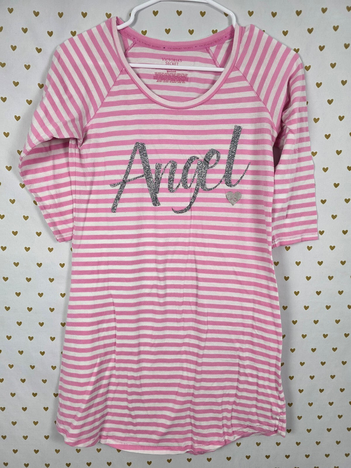 Victorias Secret Striped ANGEL Sleep Shirt Nightgown Pink Glitter Bling SMALL