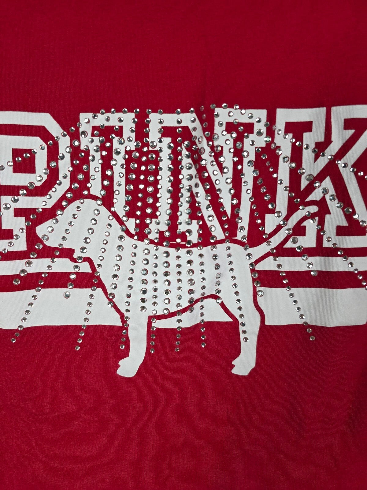 Victorias Secret PINK Red Studded BLING Dog Logo Tee Shirt MEDIUM