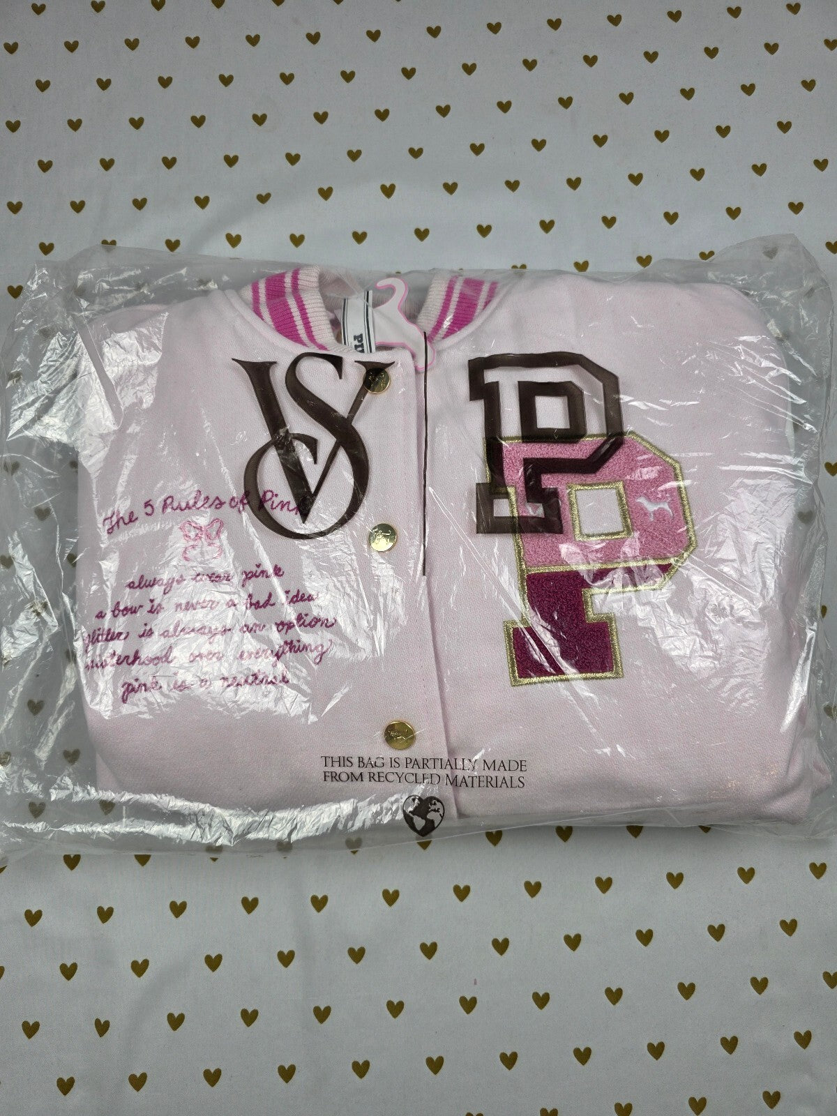 NWT Victoria's Secret PINK LoveShackFancy Varsity Jacket Pink LARGE NEW HTF
