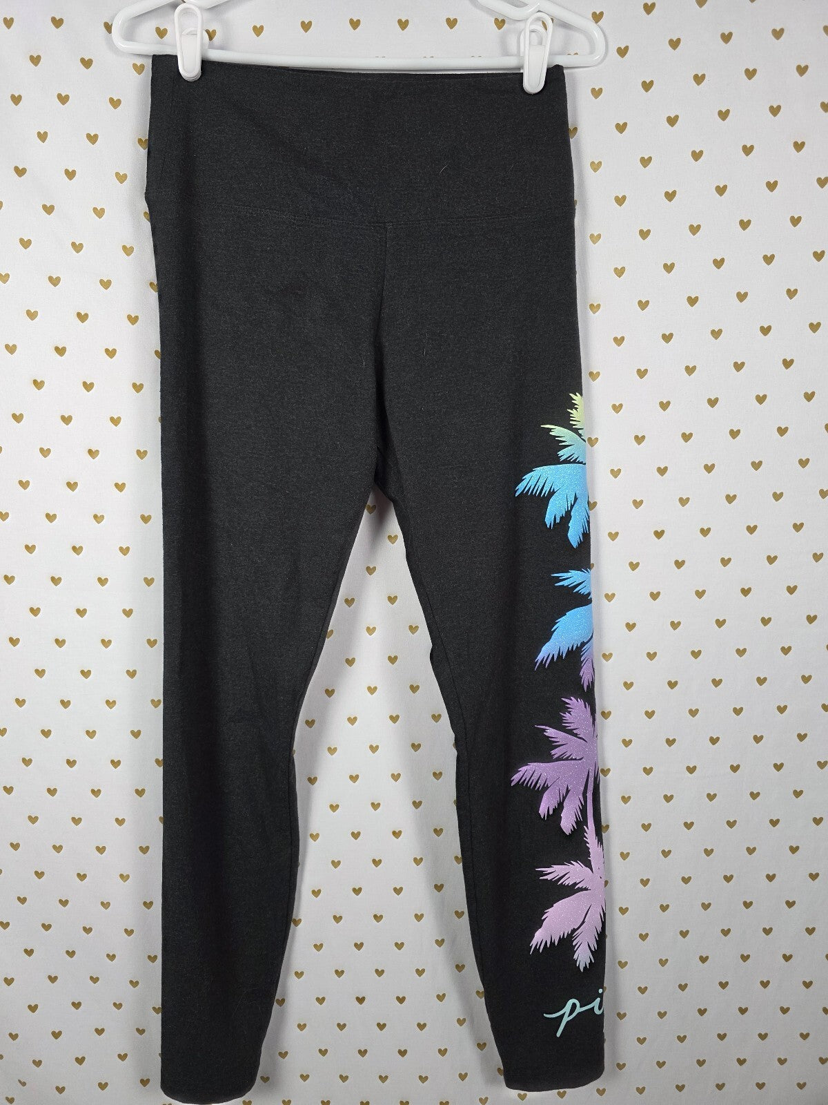 Victorias Secret Pink BLING Glitter Palm Tee Shirt Yoga Pant SET outfit LARGE