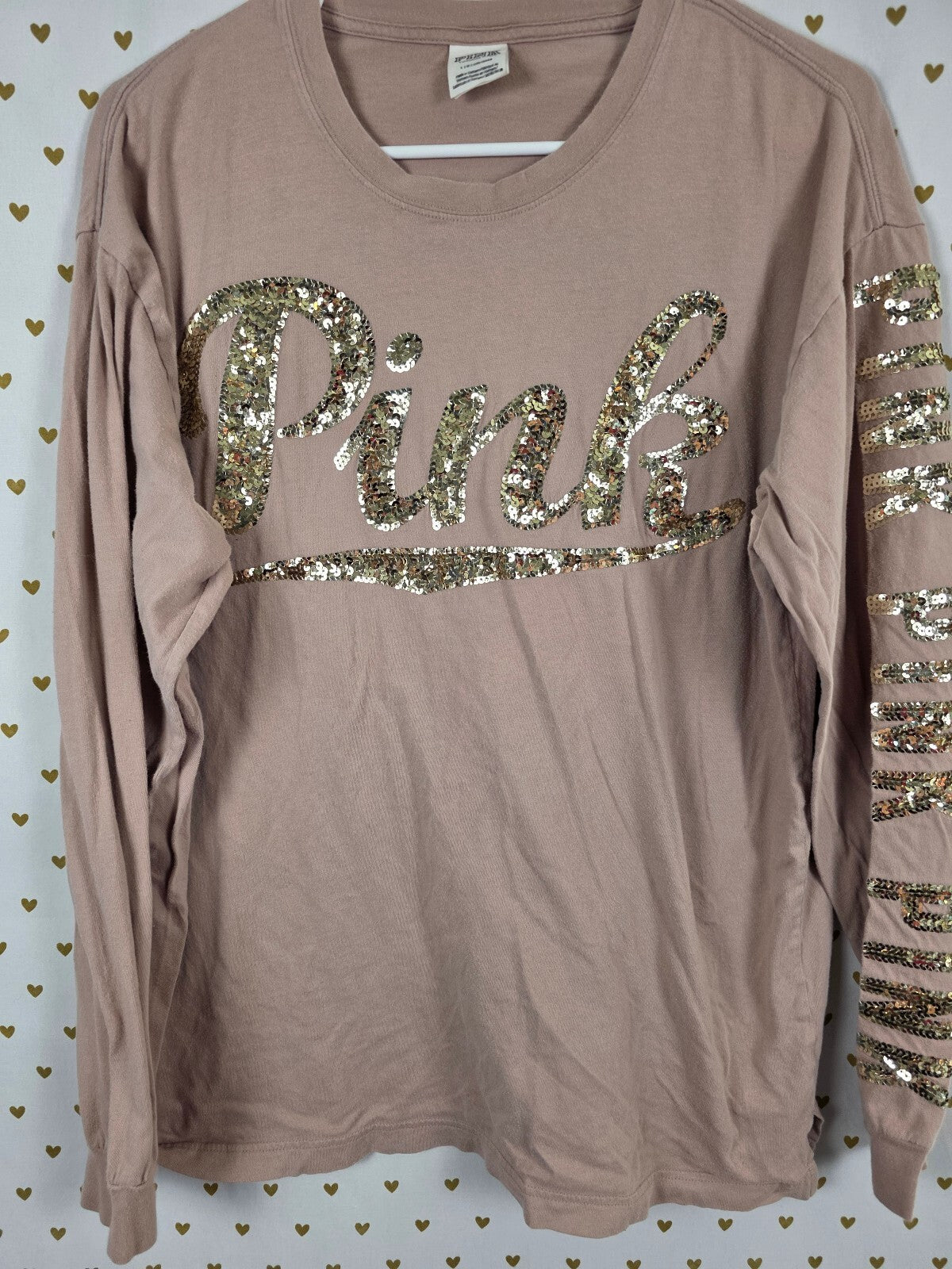 Victorias Secret PINK Gold Bling Sequined Long Sleeve Logo tee shirt Large