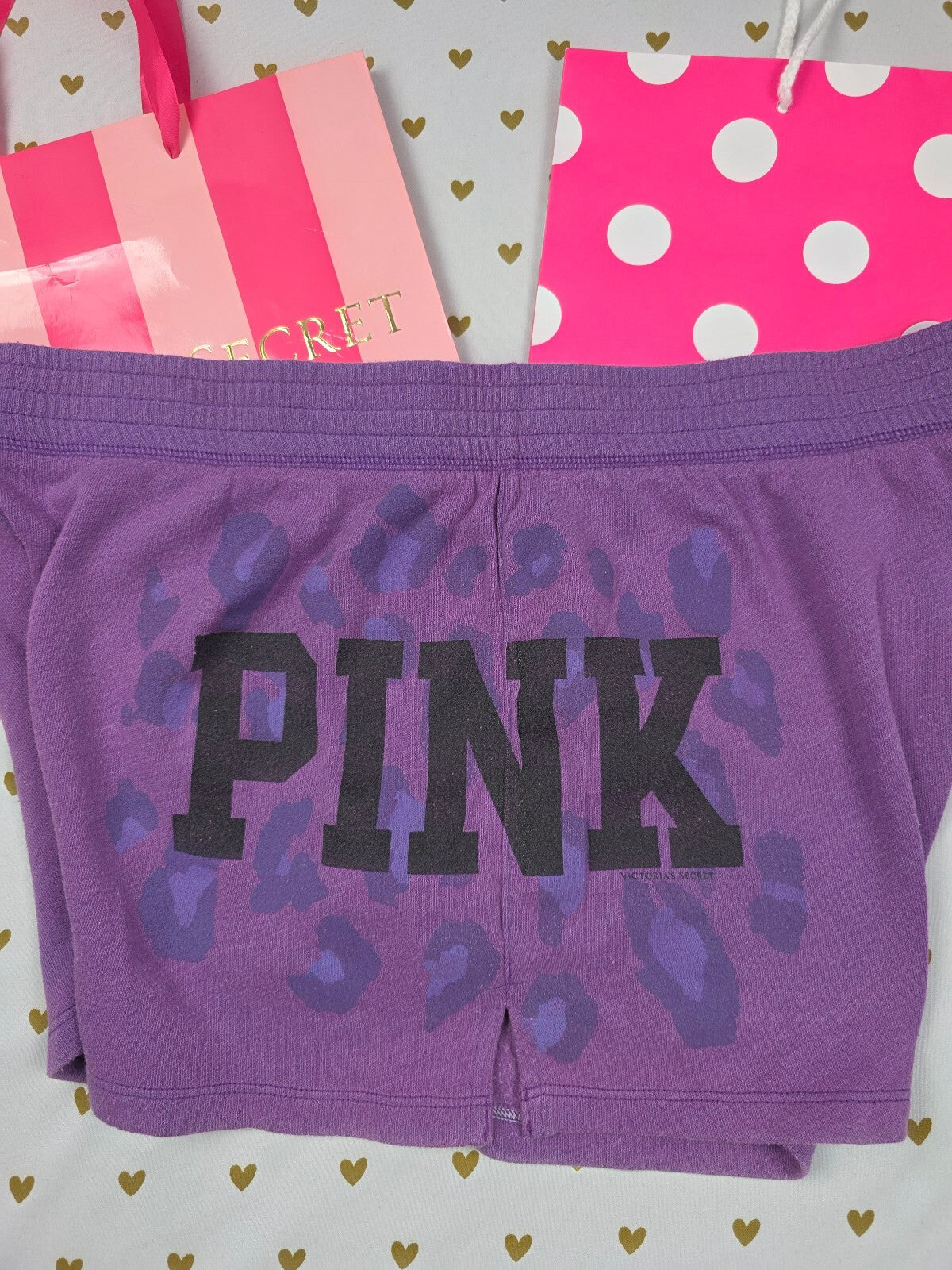 Vintage 2011 Victoria's Secret PINK Purple Leopard Logo Fleece Shorts M