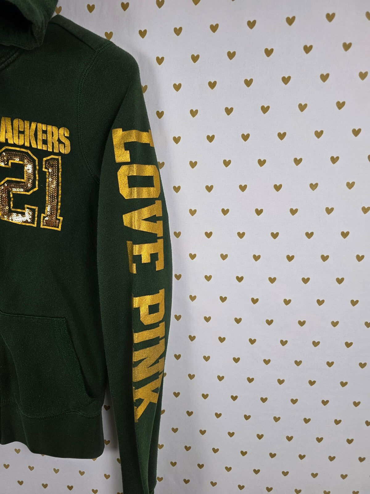 VS PINK Green Bay Packers Hoodie S NFL Sequin 21 BLING Full Zip 5th Ocean