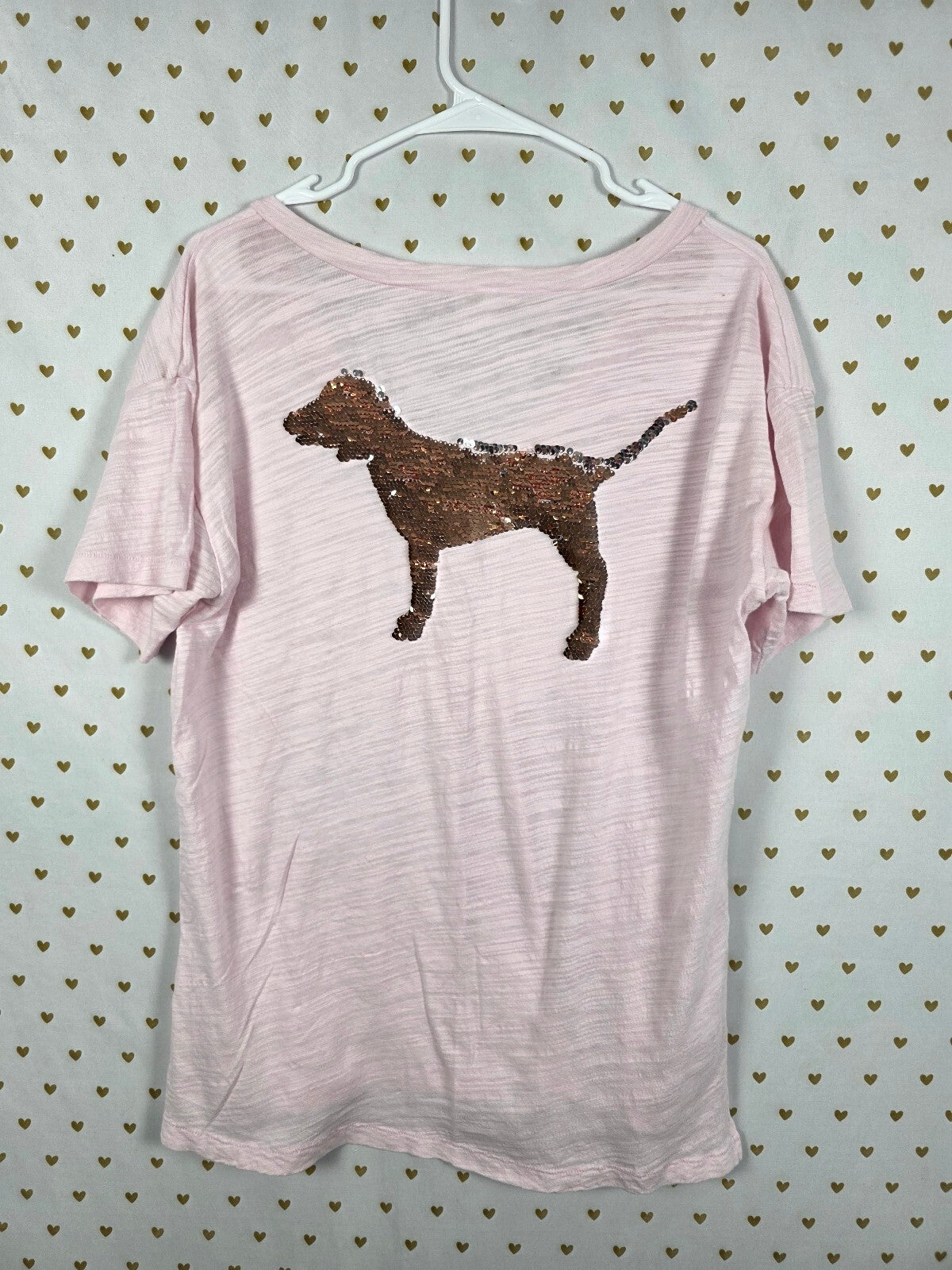 Victorias Secret PINK BLING Flip Sequin Dog Logo V neck tee shirt Small