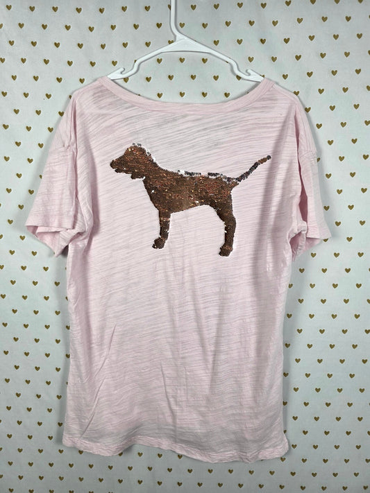 Victorias Secret PINK BLING Flip Sequin Dog Logo V neck tee shirt Small