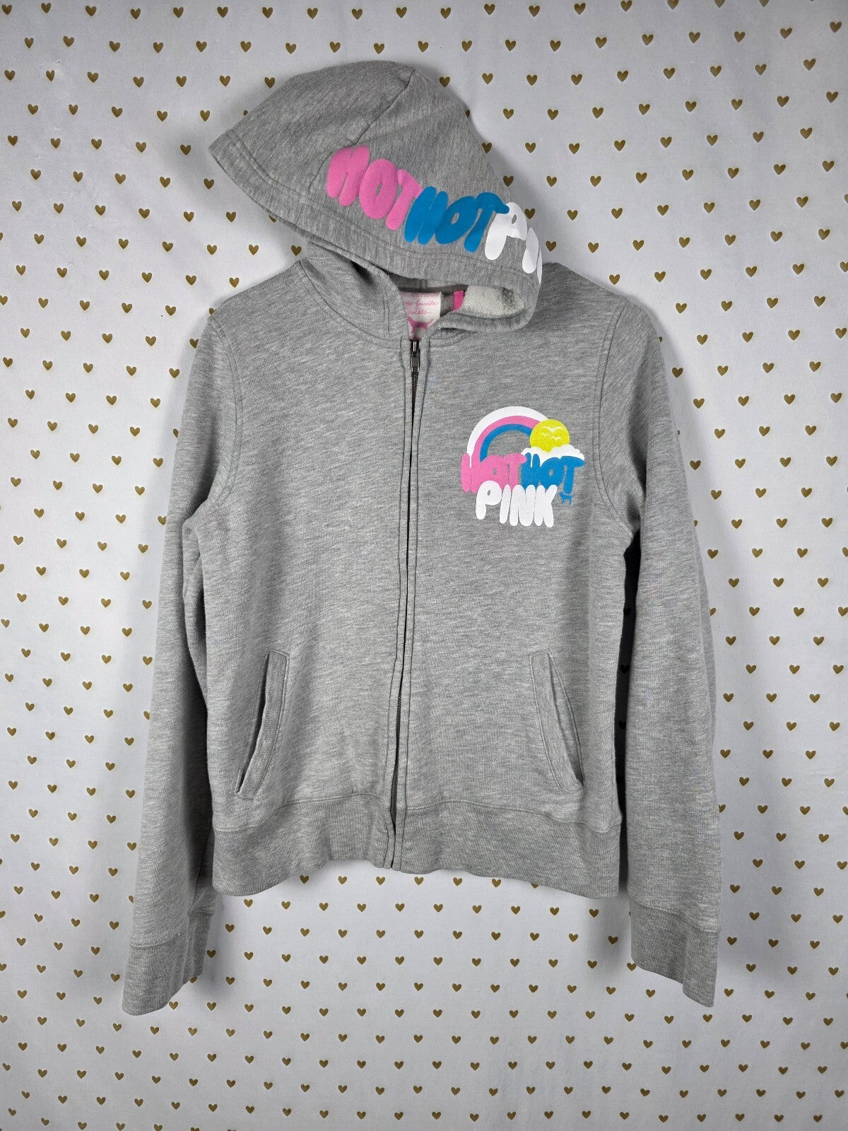 Vintage Victoria's Secret PINK Hot Hot Pink Rainbow Zip Hoodie Gray L