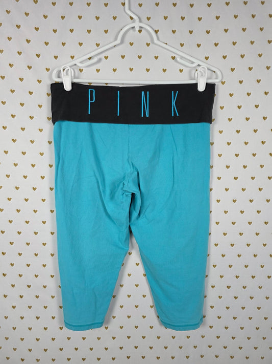 Victoria's Secret PINK Yoga Capri Leggings Large Turquoise Blue Foldover Waist