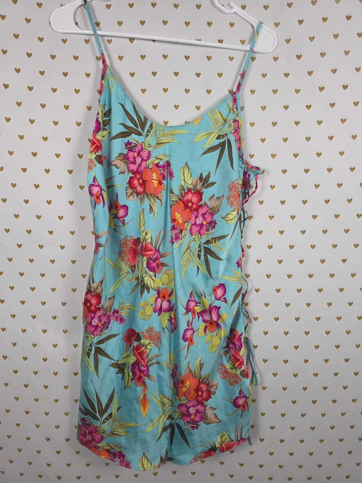 Vintage Victoria's Secret 100% Silk Slip Dress L Blue Tropical Floral Lace Up