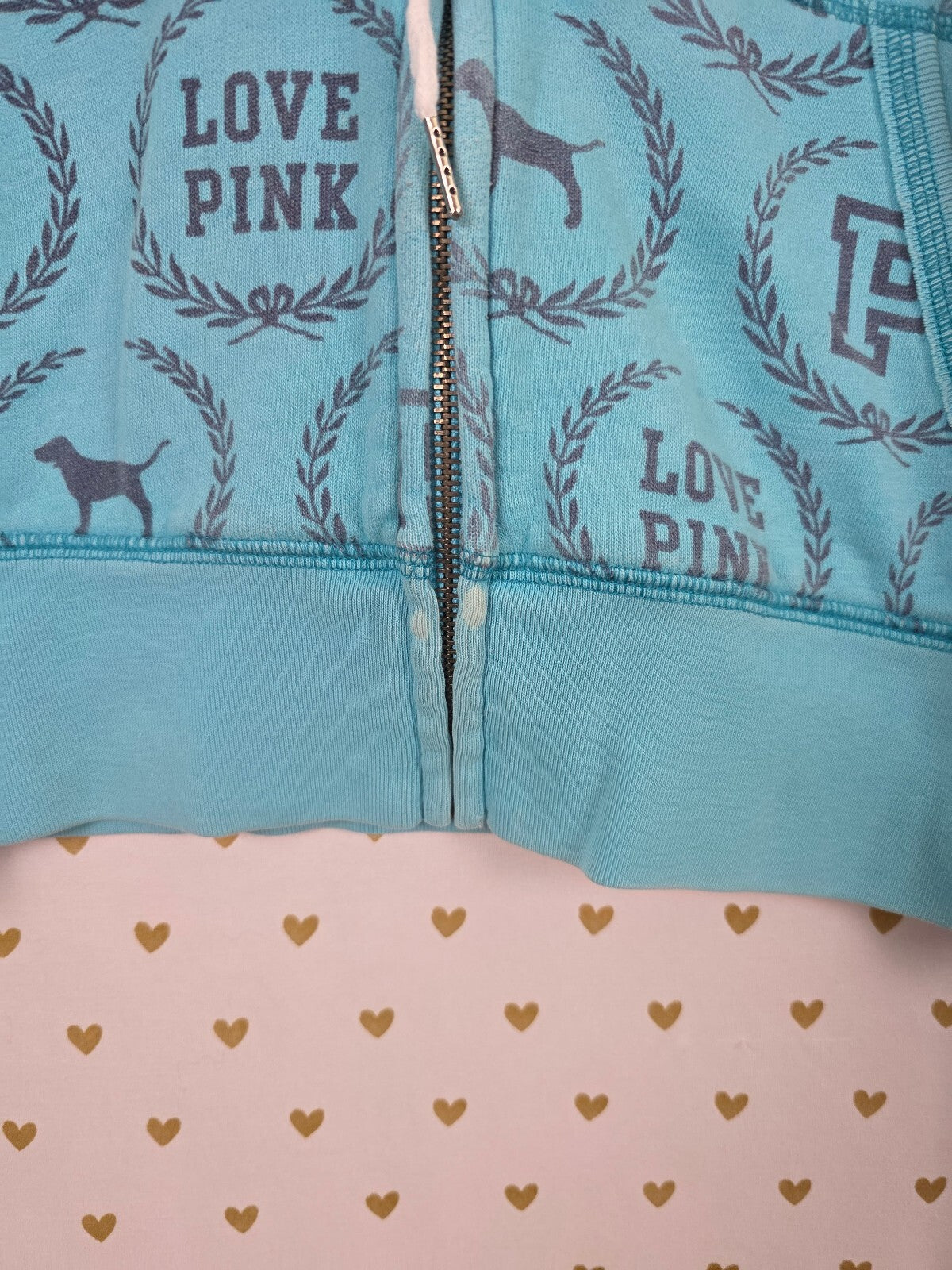 Victoria's Secret PINK Hoodie Full Zip Blue All Over Print Dog Logo Large HTF